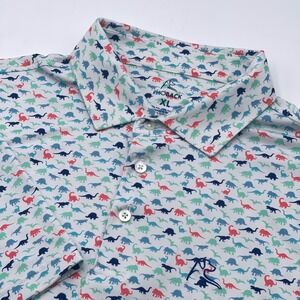Rhoback Mens XL Dinosaur AOP Golf Polo Shirt Short Sleeve White Blue Red Green